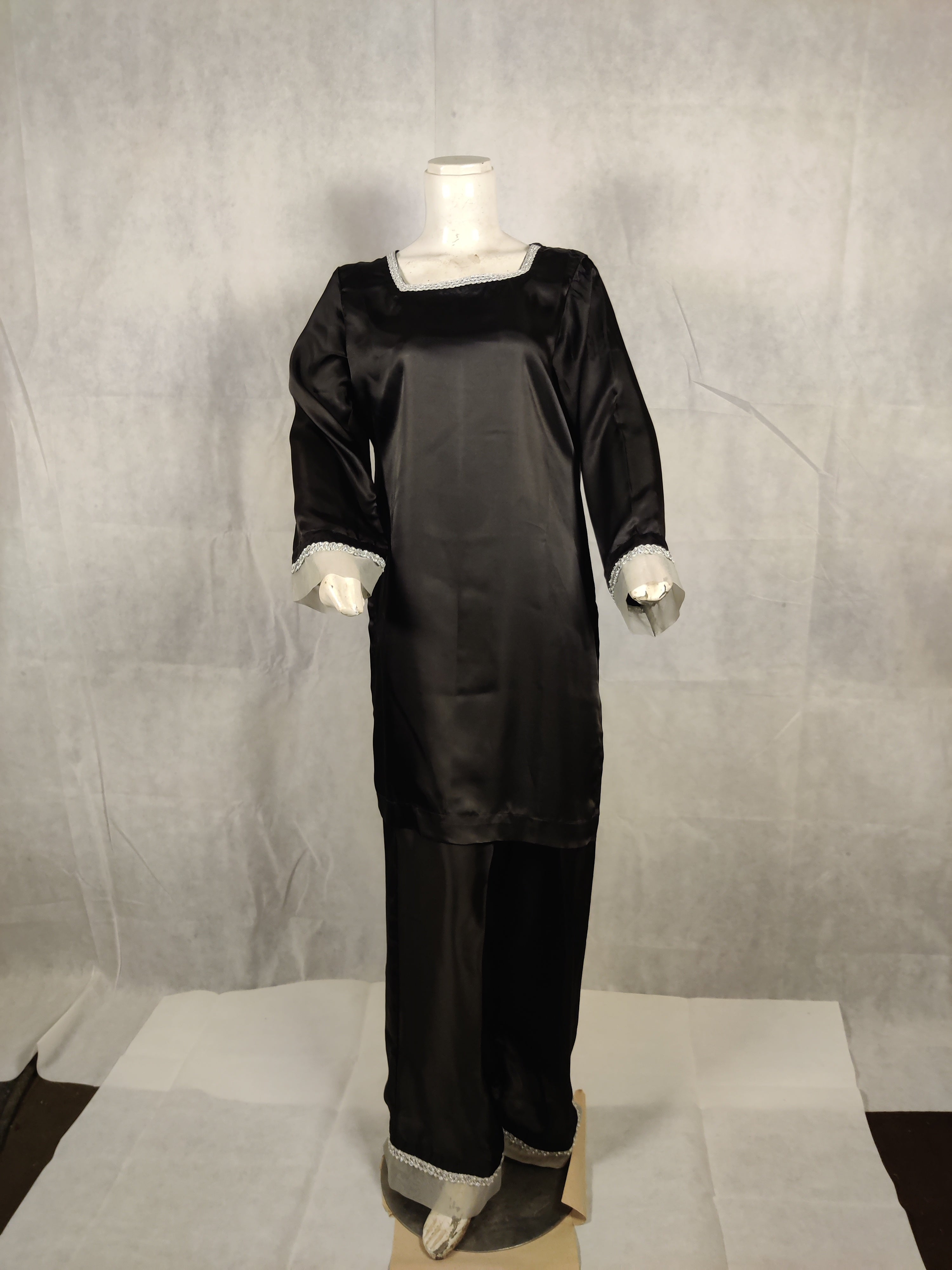 “Eloura Noir” Black Silk Two-Piece – Midnight Grace with Silver Whisper