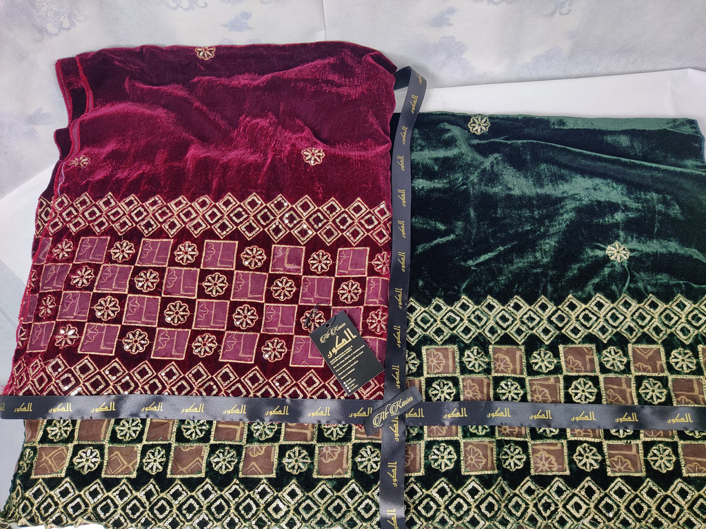 Luxe Velvet Shawl Collection – Embroidered Majesty in Maroon & Emerald