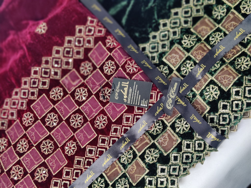 Luxe Velvet Shawl Collection – Embroidered Majesty in Maroon & Emerald