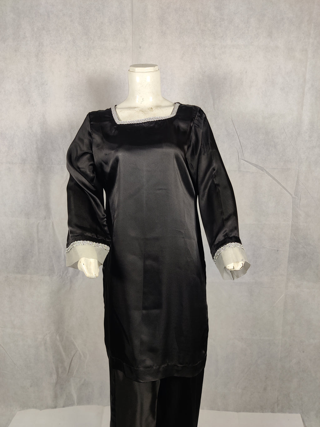 “Eloura Noir” Black Silk Two-Piece – Midnight Grace with Silver Whisper