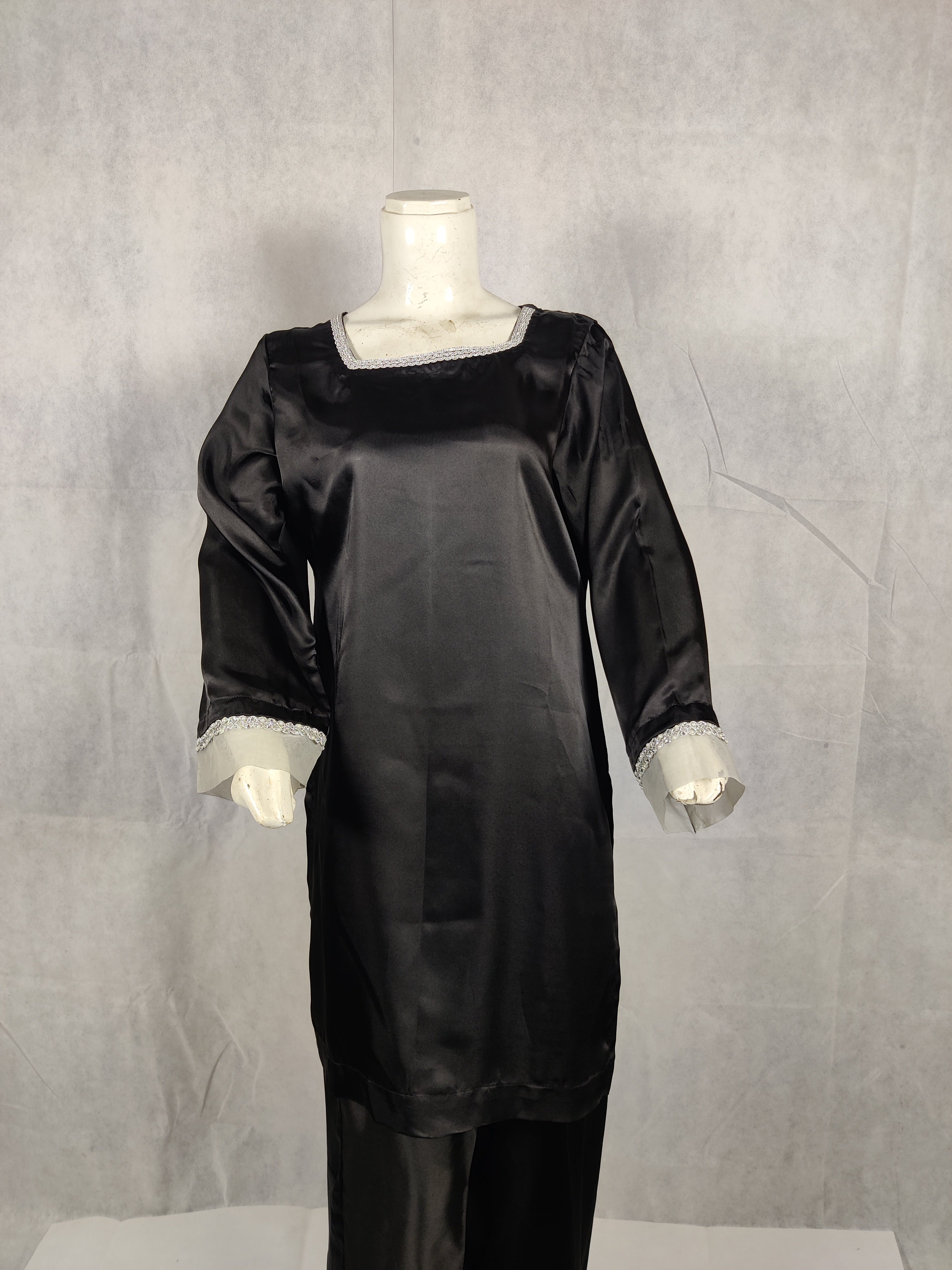 “Eloura Noir” Black Silk Two-Piece – Midnight Grace with Silver Whisper