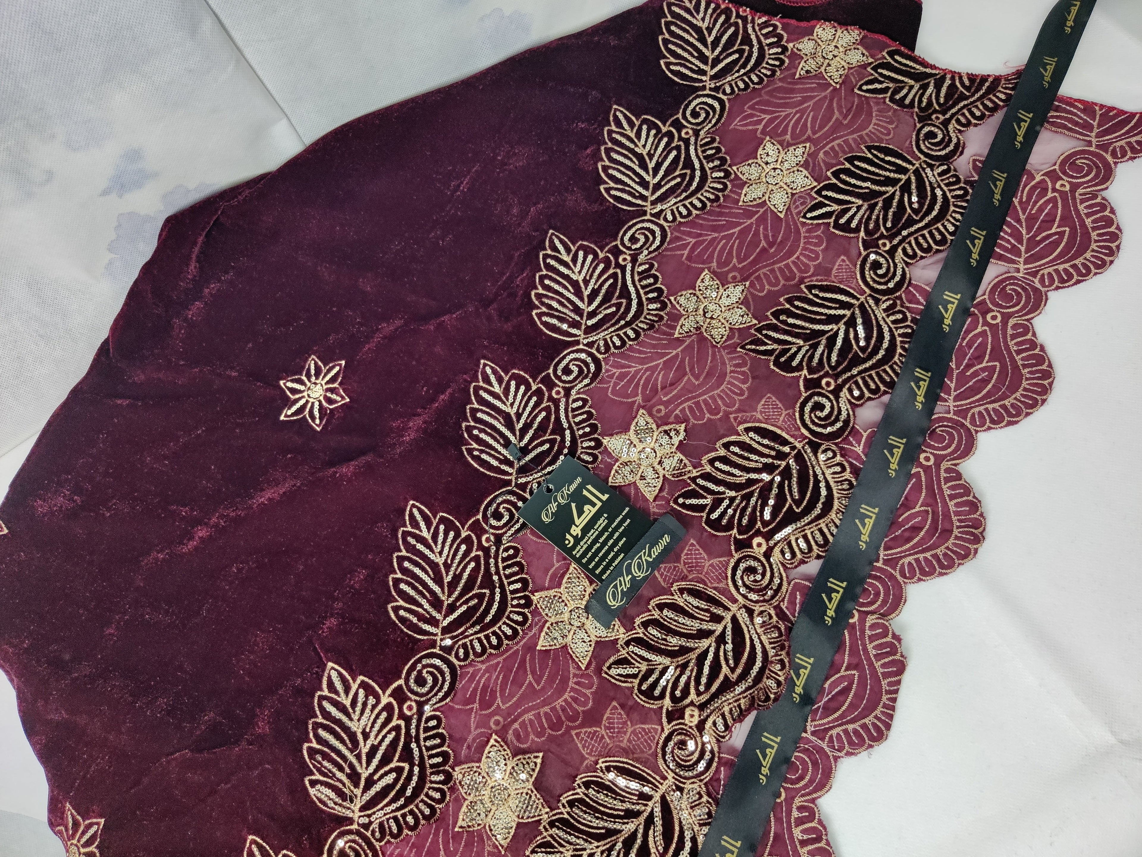Premium Velvet Shawl – Royal Maroon with Exquisite Golden Floral Embroidery